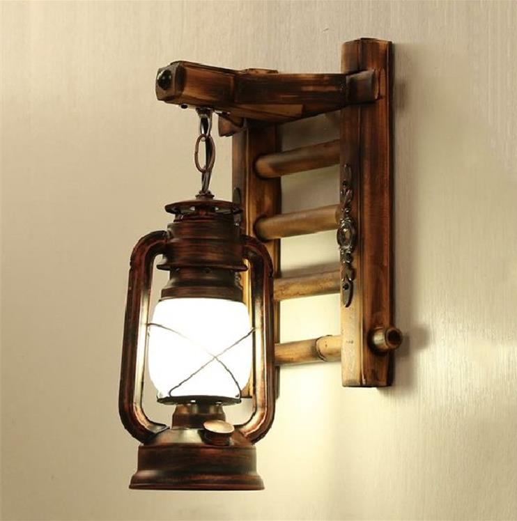 American Country Kerosene Lantern Antique Wall Lamp com Wooden Hanging Board