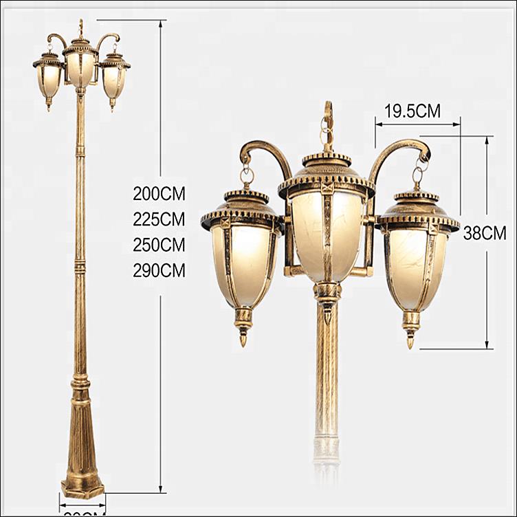 Outdoor 2-3m antiquário três poste de Luz de jardim, Antigo poste de Luz decorativo europeu